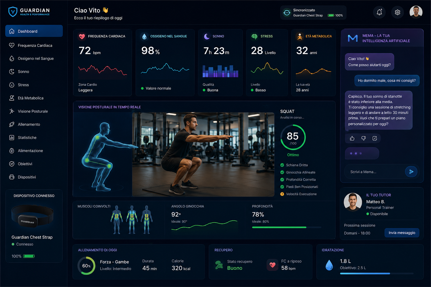 Dashboard Calmora Vita per allenamento e postura