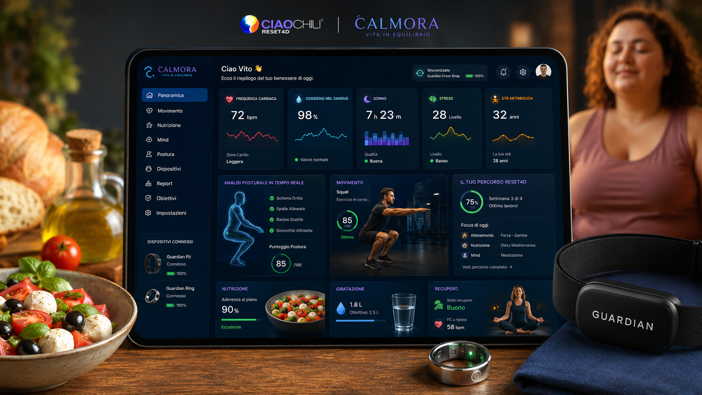 Ecosistema Calmora Vita con dashboard, ring, guardian e nutrizione mediterranea