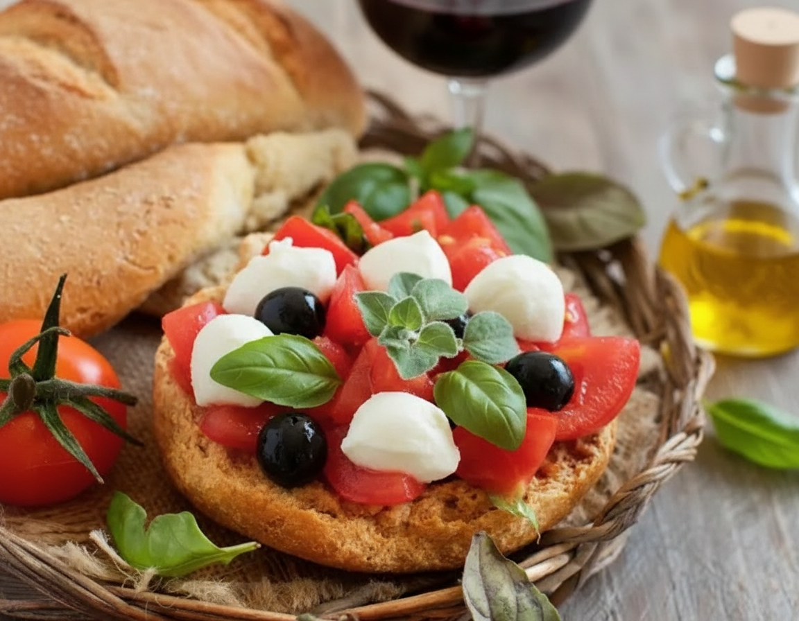 Frisa d'orzo con pomodoro, mozzarella, basilico e olio extravergine d'oliva